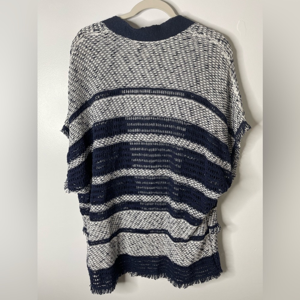 Style & Co Top Large Blue White Open Knit Kimono Topper Fringe Boho - Picture 3 of 9